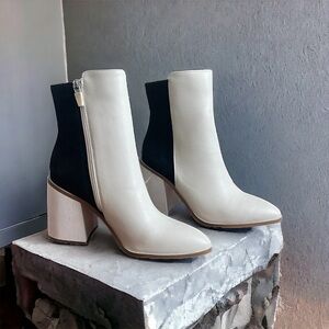 Women Boots ZAC Posen Webster Booties Black White Block Heel Leather Ankle Boots